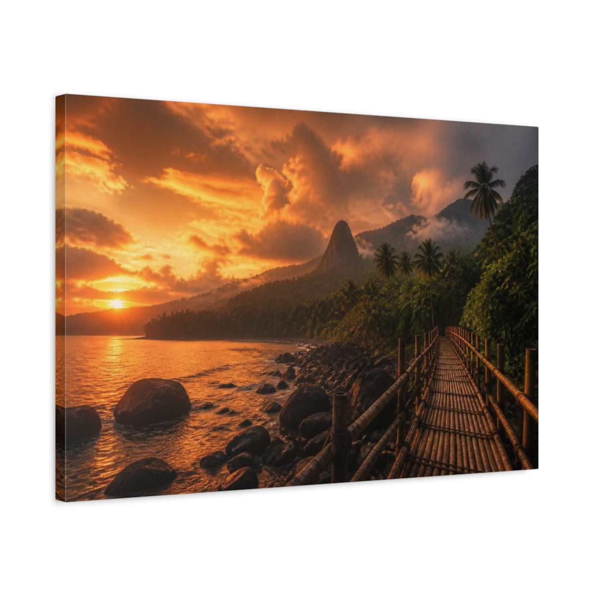 Side Mockup 2. Bamboo Bridge At Sunset shown as canvas print