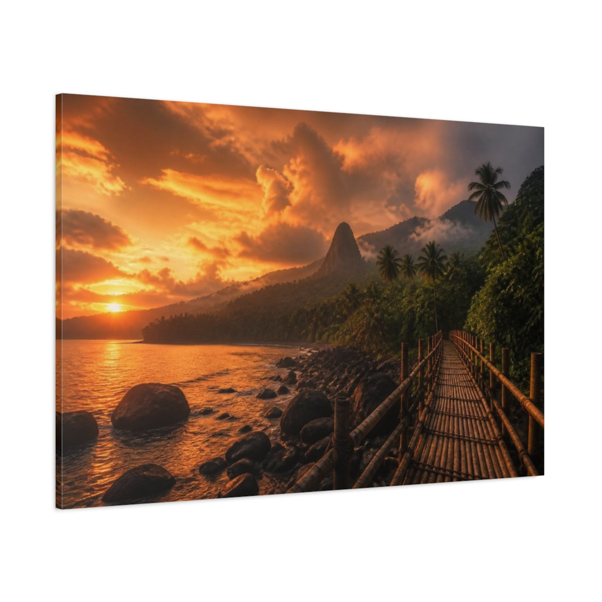 Side Mockup 1. Bamboo Bridge At Sunset shown as canvas print