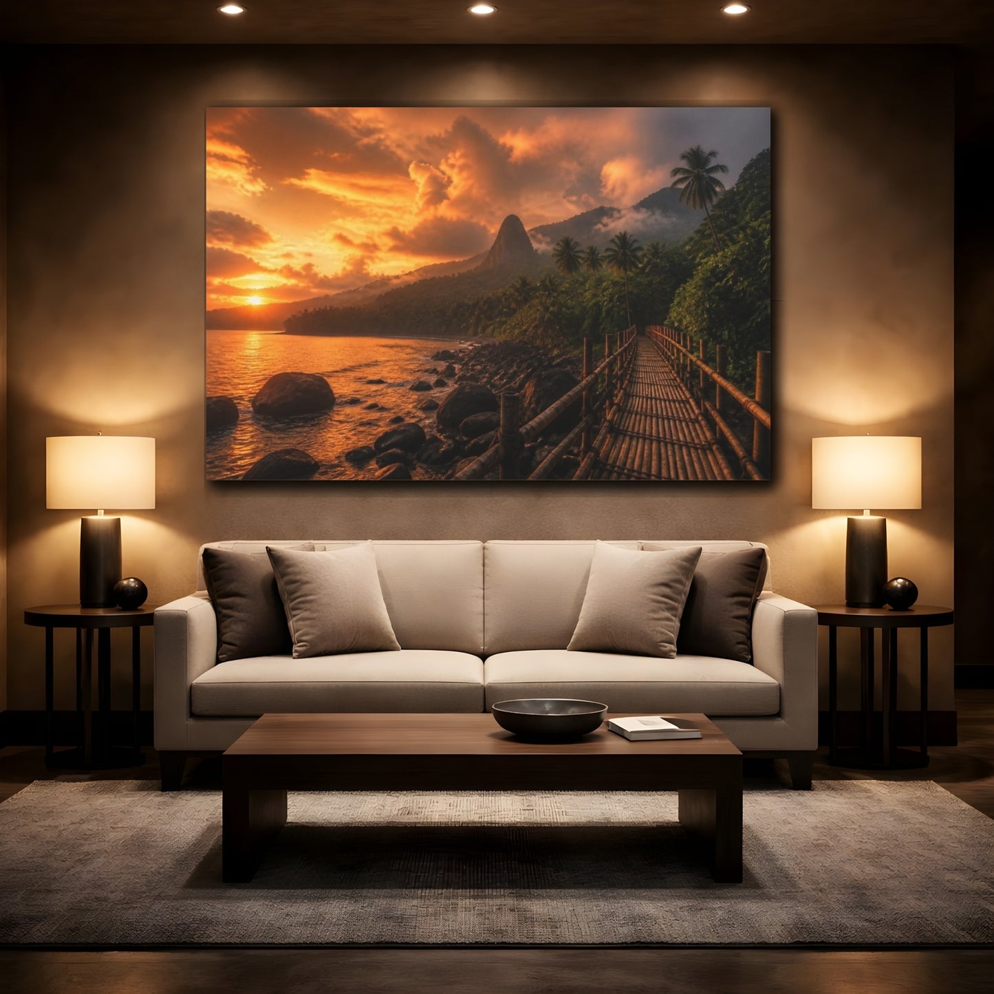 Mockup 2. Bamboo Bridge At Sunset shown as canvas print