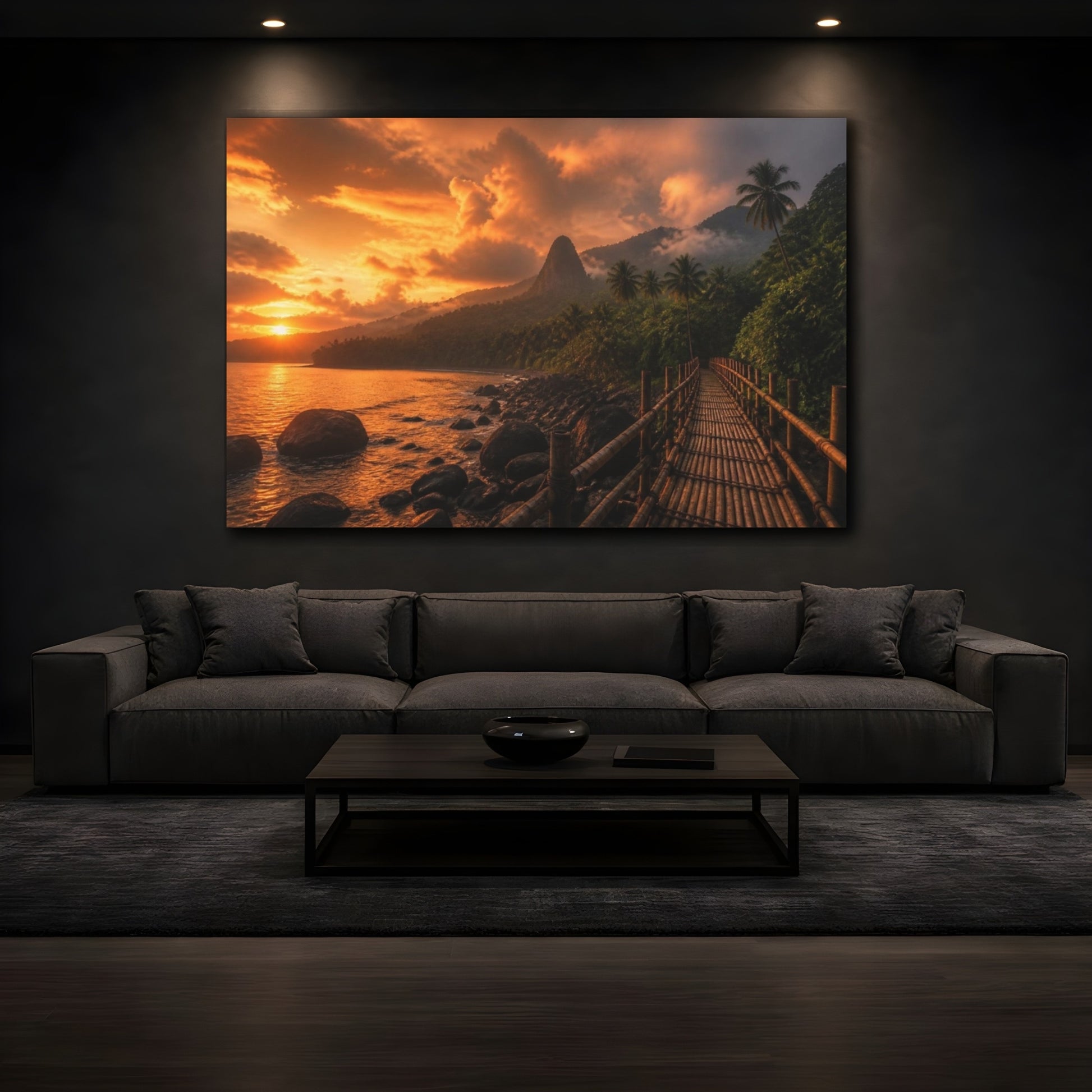 Mockup 3. Bamboo Bridge At Sunset shown as canvas print