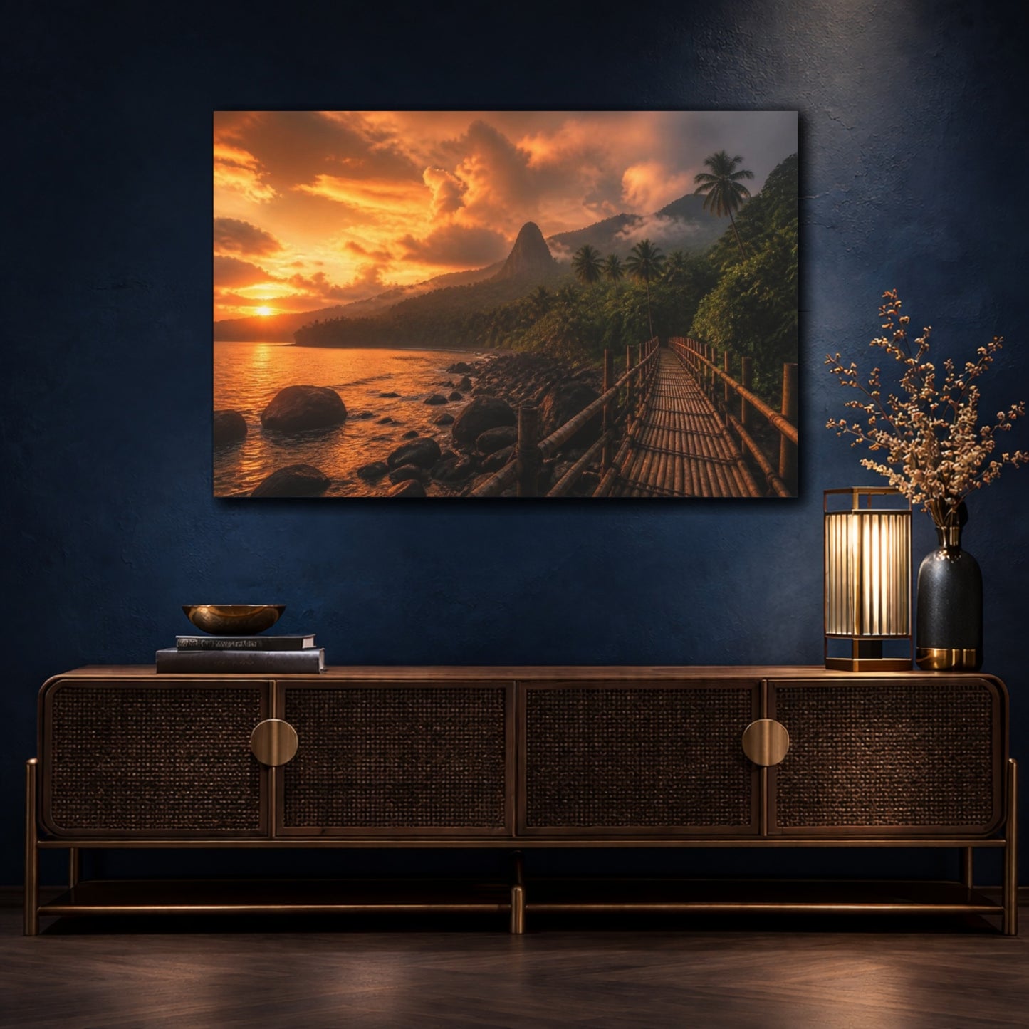 Mockup 4. Bamboo Bridge At Sunset shown as canvas print