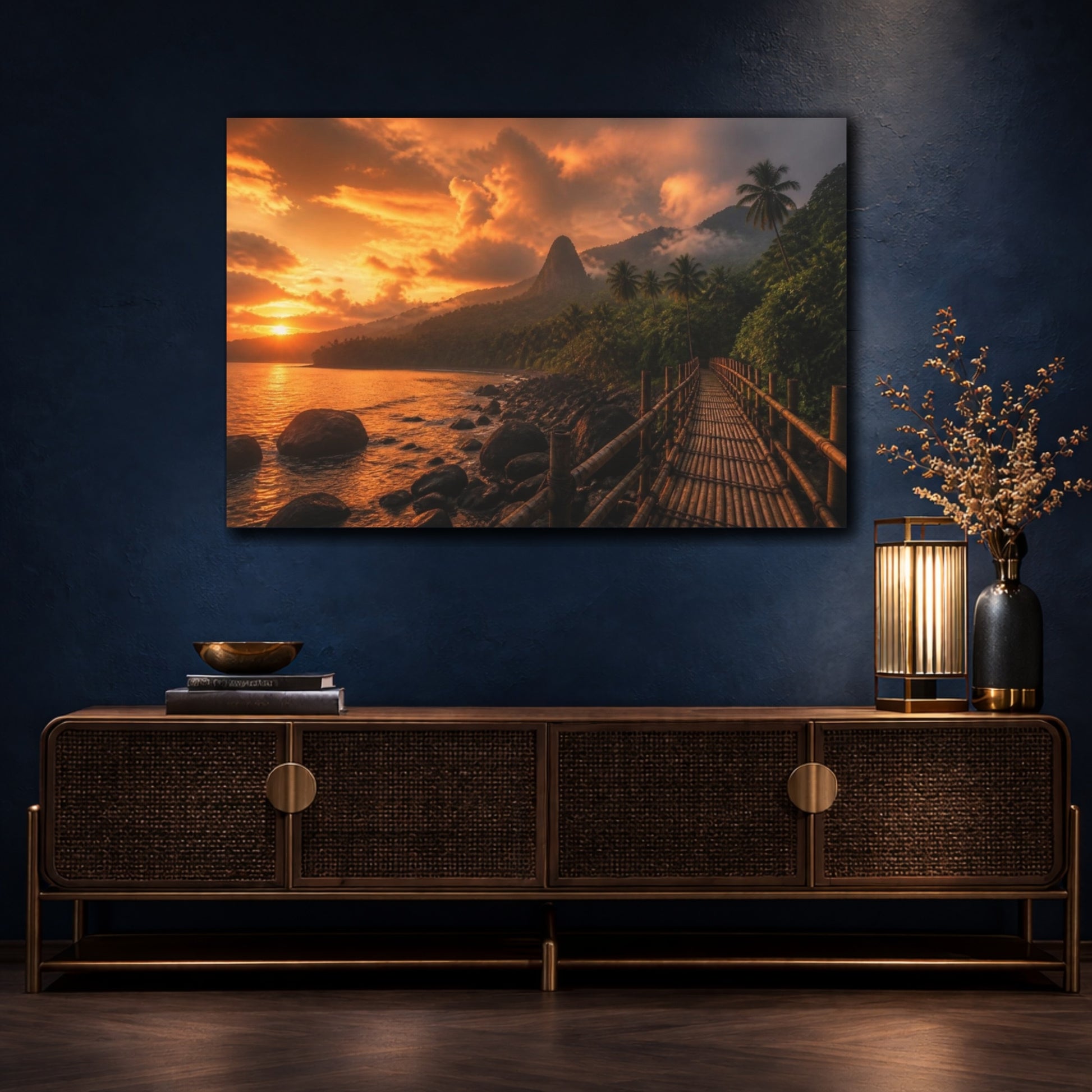 Mockup 4. Bamboo Bridge At Sunset shown as canvas print