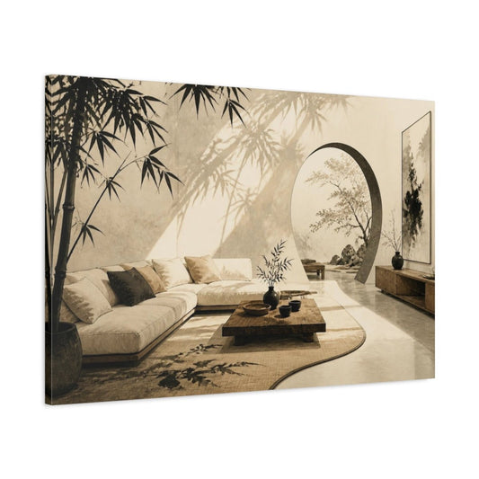 Bamboo Living Room Serenity Canvas Print – Above Couch, Warm Ivory And Black - YesArtYes