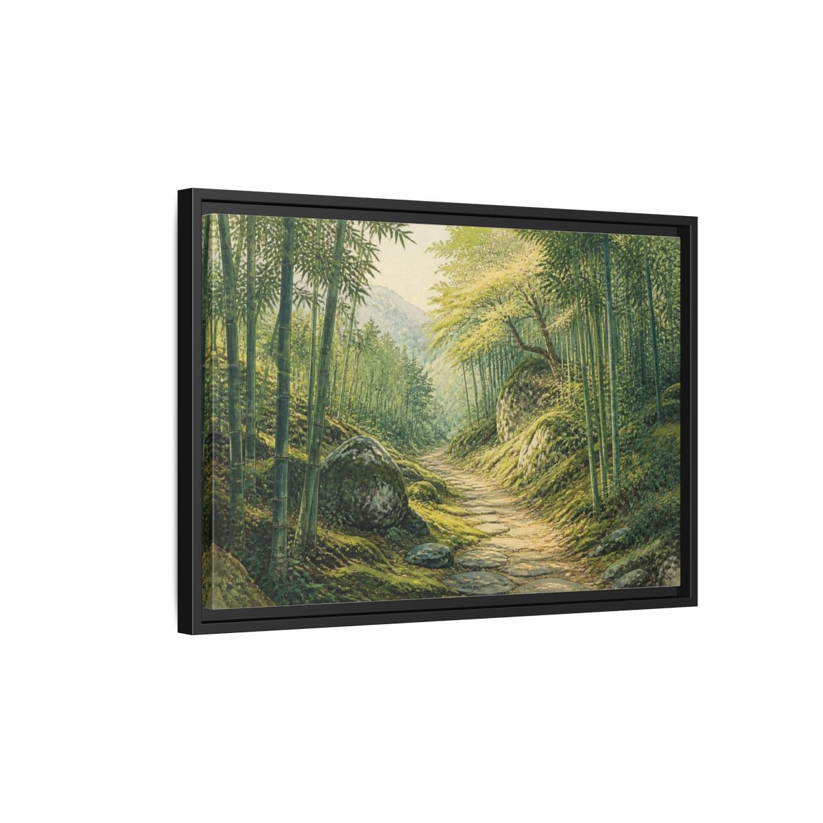 Side Mockup 3. Bamboo Path Landscape shown as framed canvas print
