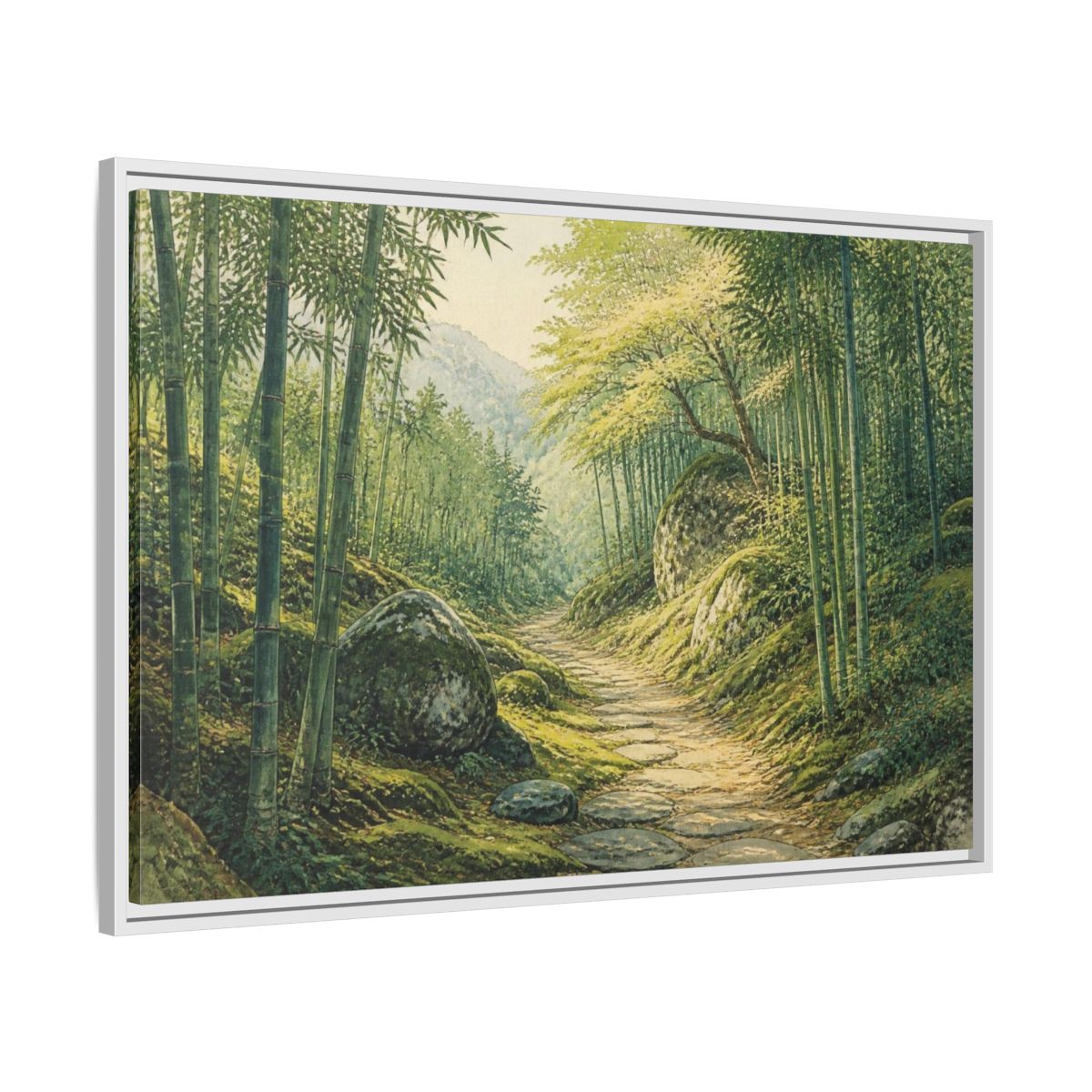 Side Mockup 9. Bamboo Path Landscape shown as framed canvas print