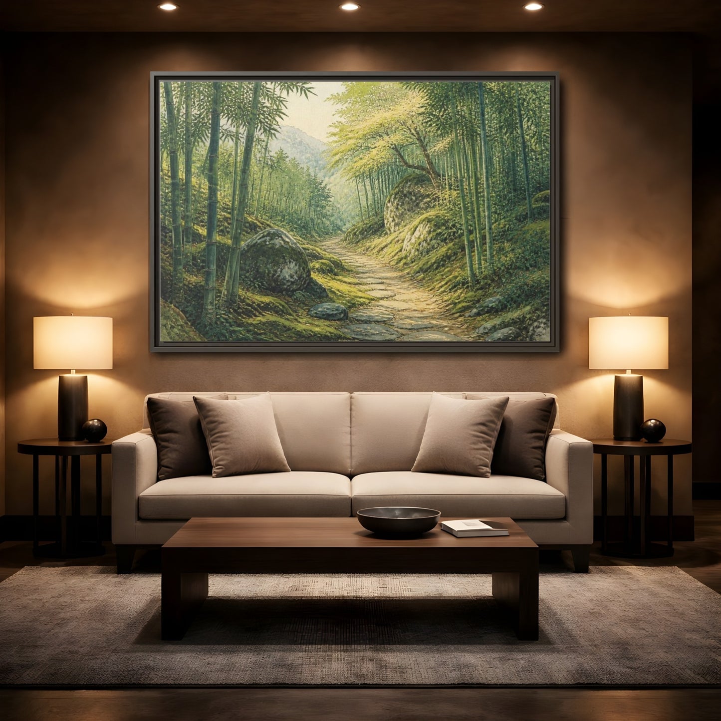 Mockup 2. Bamboo Path Landscape shown as framed canvas print