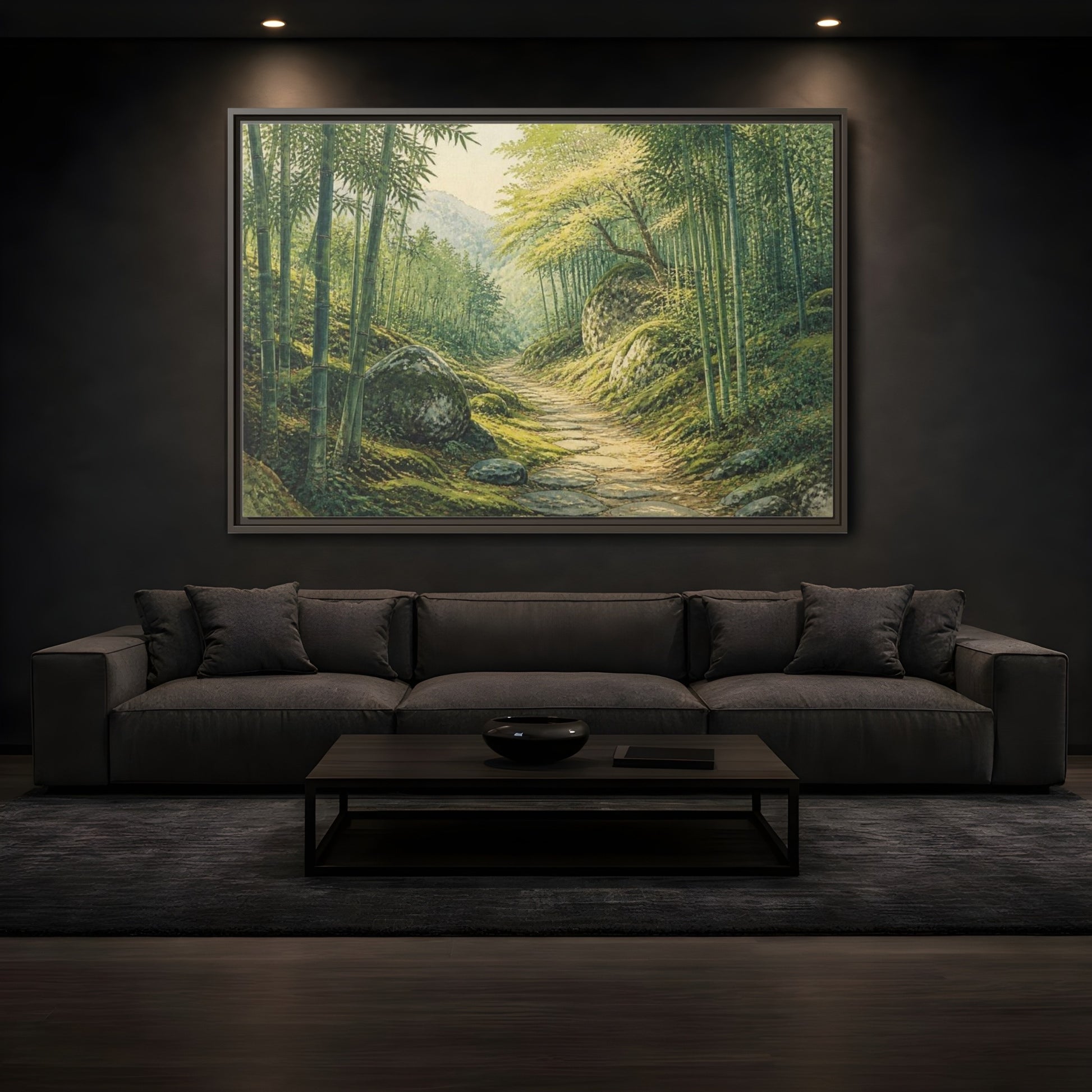 Mockup 3. Bamboo Path Landscape shown as framed canvas print