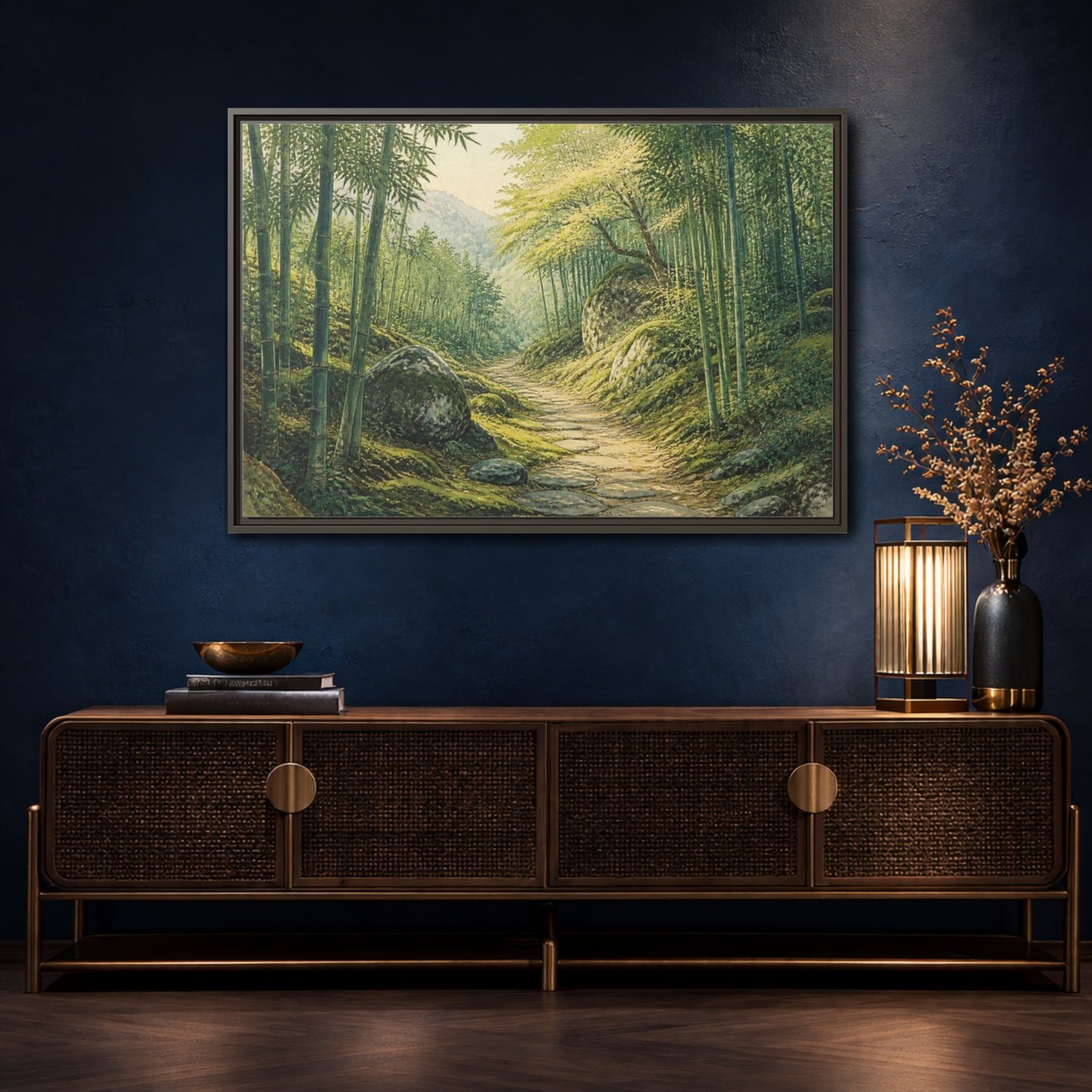Mockup 4. Bamboo Path Landscape shown as framed canvas print