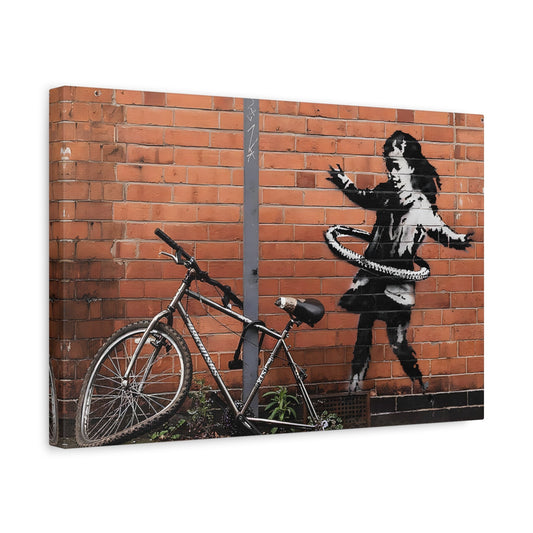 Banksy Hula Hooping Girl with Bike - Framed Canvas Wall Art Painting Print