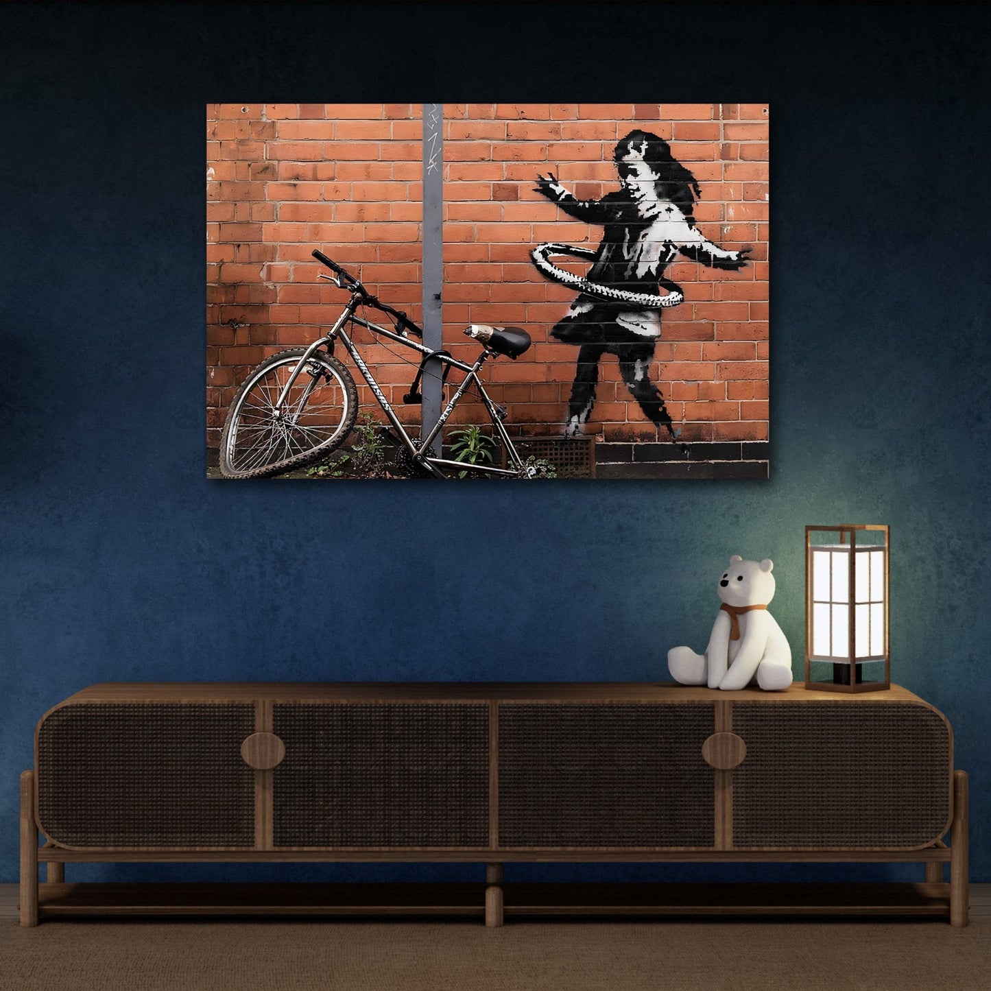 Banksy Hula Hooping Girl with Bike - Framed Canvas Wall Art Painting Print