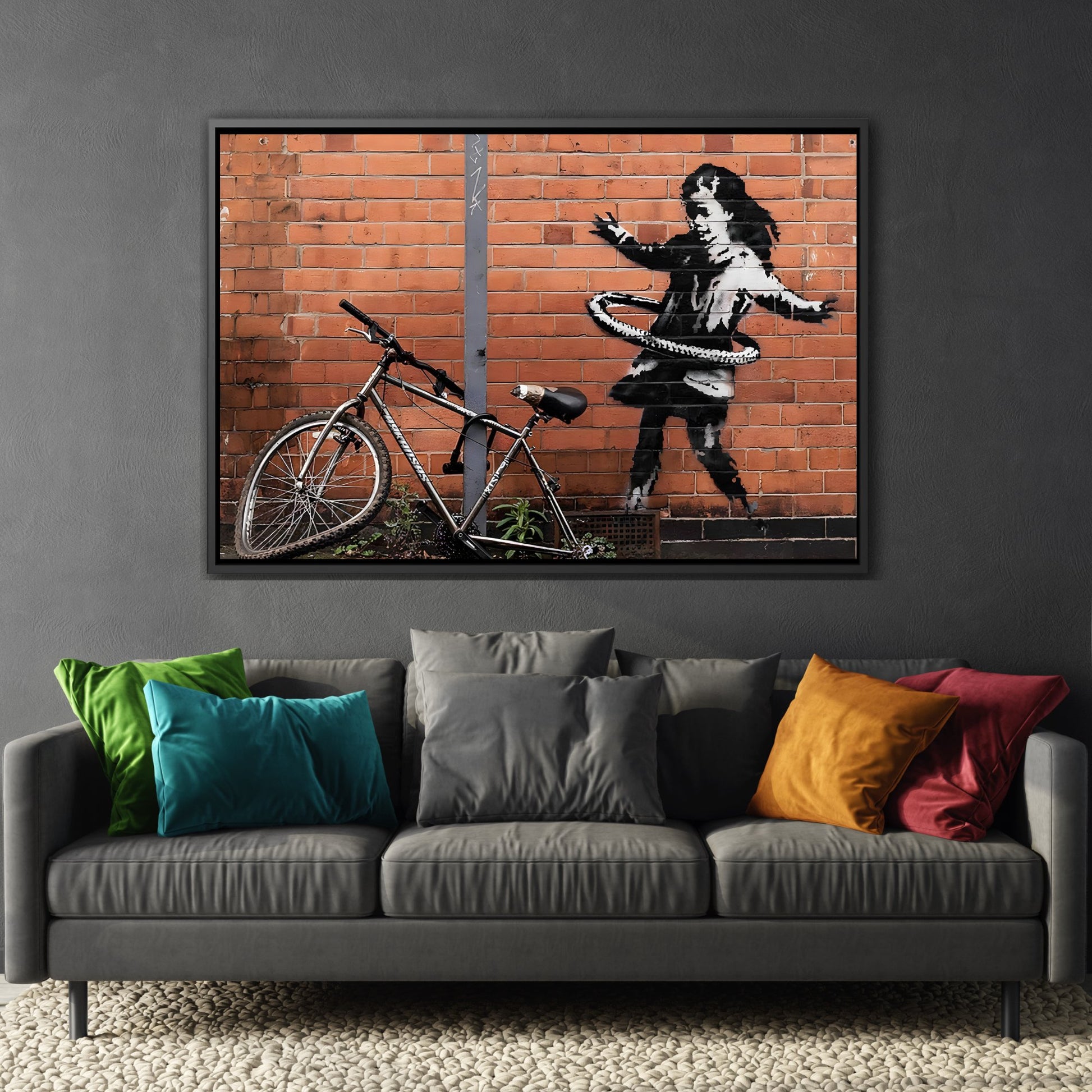 Banksy Hula Hooping Girl with Bike - Framed Canvas Wall Art Print in Black Frame