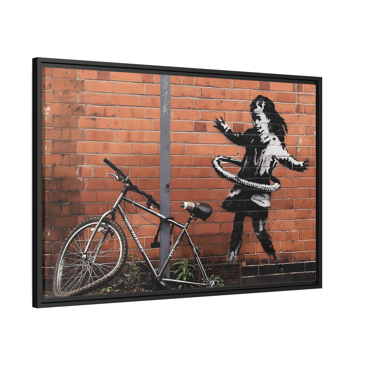 Banksy Hula Hooping Girl with Bike - Framed Canvas Wall Art Print in Black Frame