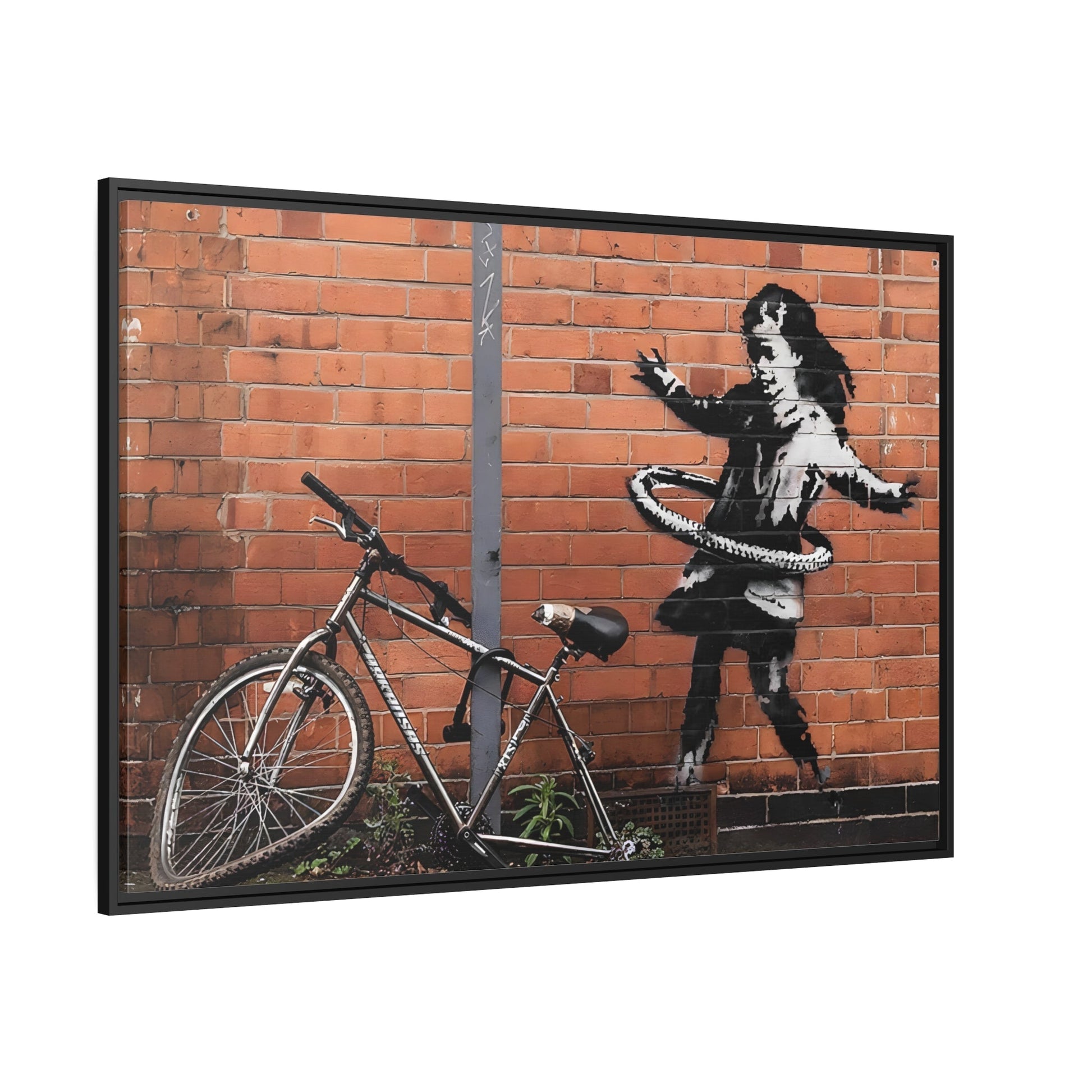 Banksy Hula Hooping Girl with Bike - Framed Canvas Wall Art Print in Black Frame