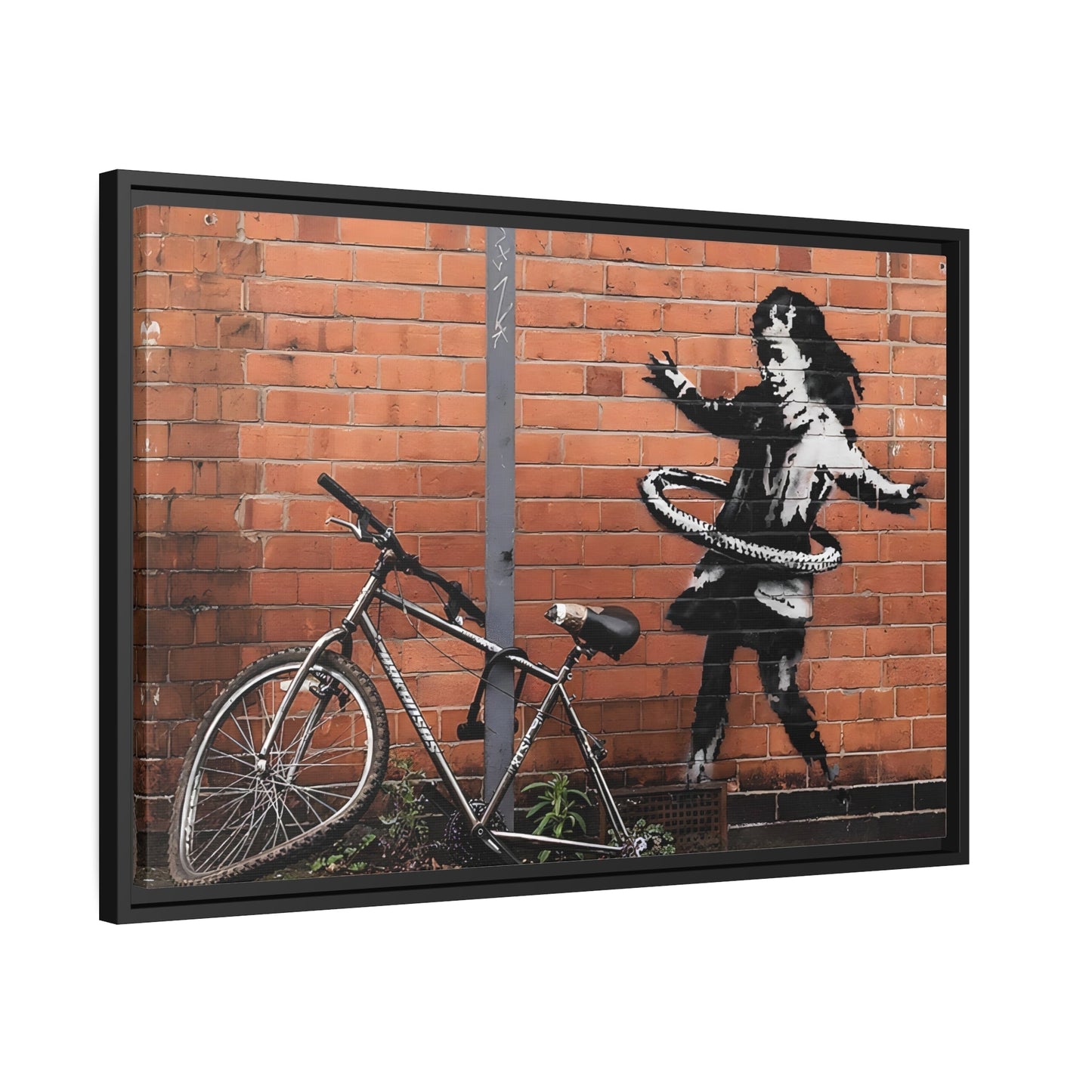 Banksy Hula Hooping Girl with Bike - Framed Canvas Wall Art Print in Black Frame