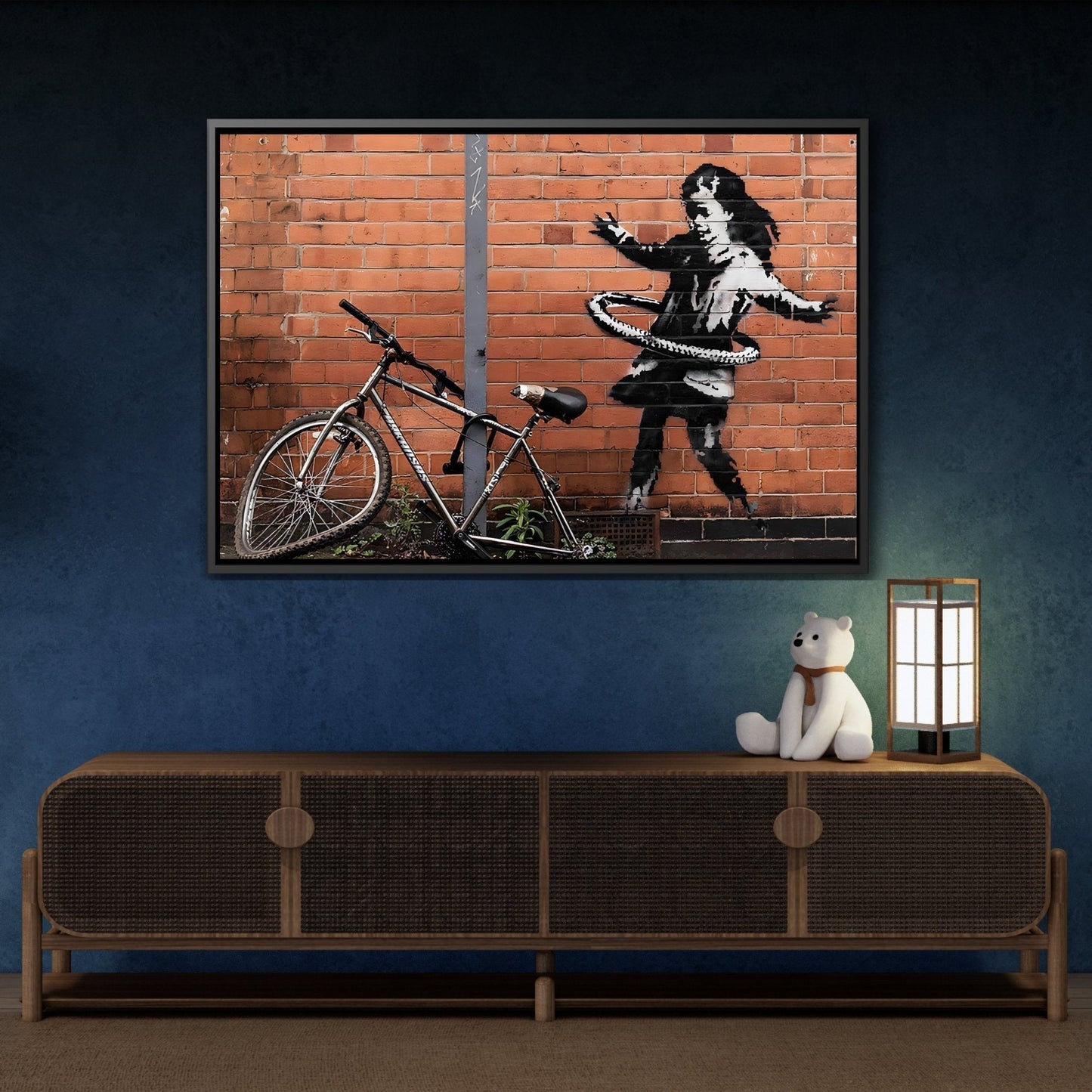 Banksy Hula Hooping Girl with Bike - Framed Canvas Wall Art Print in Black Frame