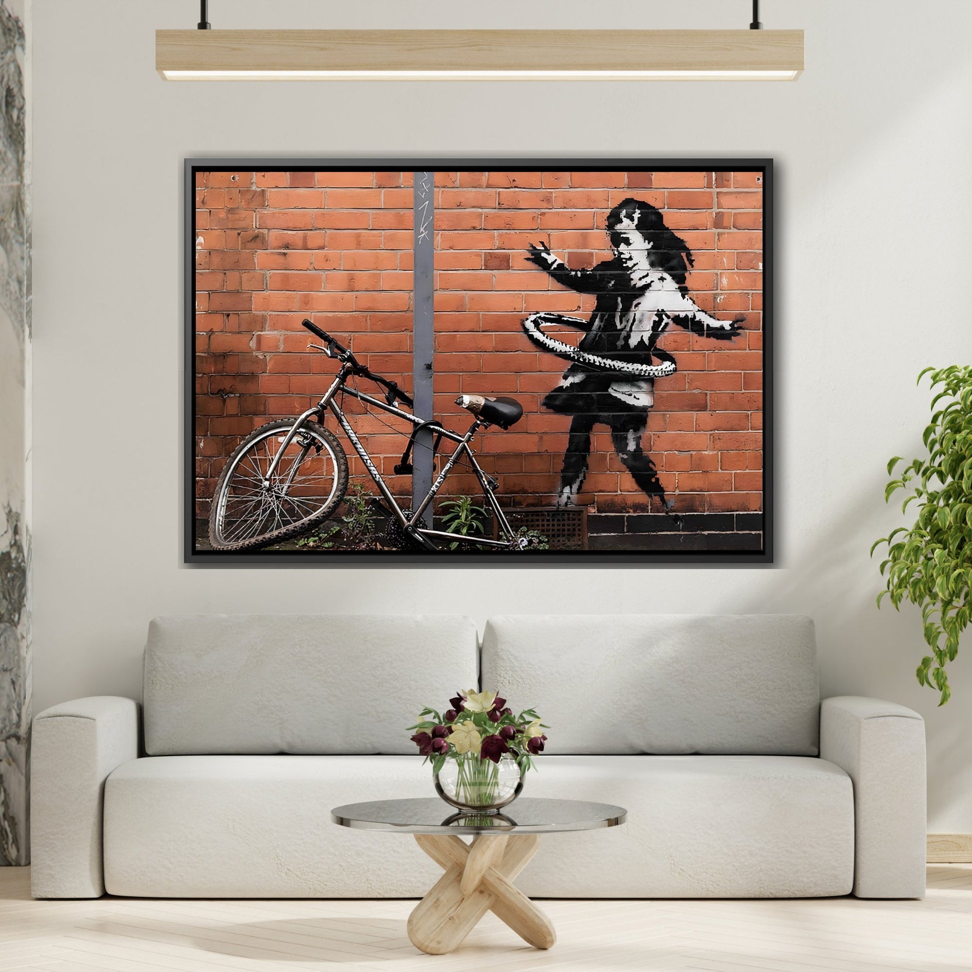 Banksy Hula Hooping Girl with Bike - Framed Canvas Wall Art Print in Black Frame