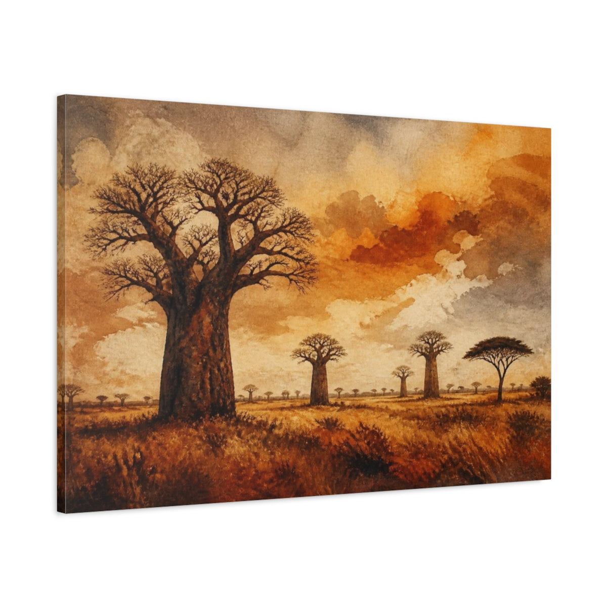 Main Mockup. Baobab Landscape At Dusk shown as canvas print