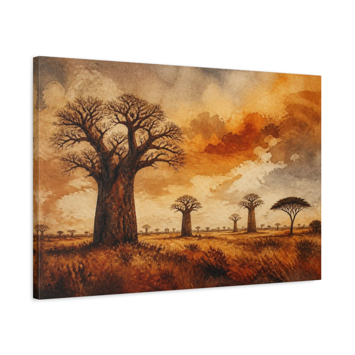 Side Mockup 2. Baobab Landscape At Dusk shown as canvas print