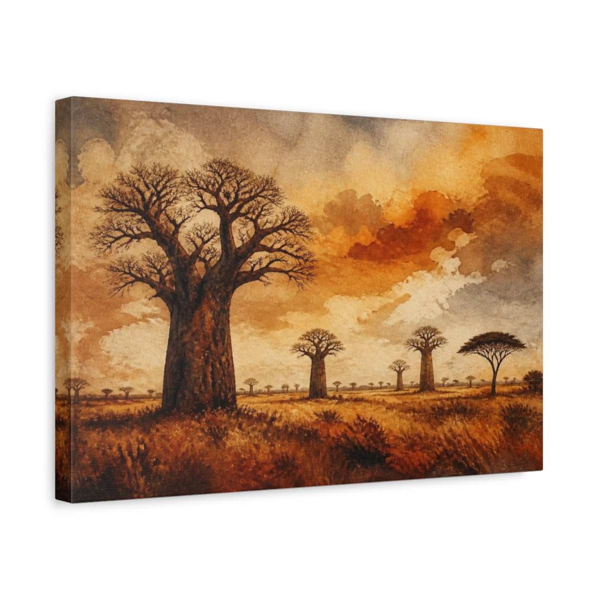Side Mockup 4. Baobab Landscape At Dusk shown as canvas print