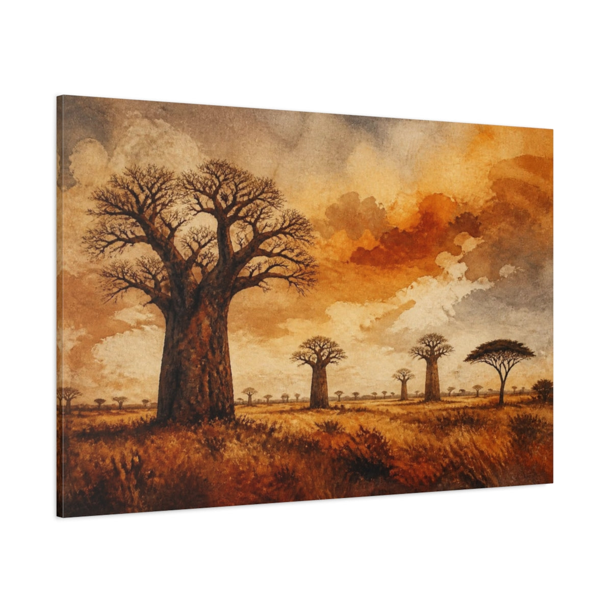 Side Mockup 1. Baobab Landscape At Dusk shown as canvas print