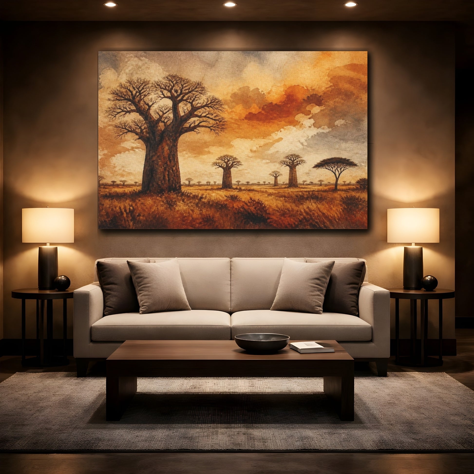 Mockup 2. Baobab Landscape At Dusk shown as canvas print
