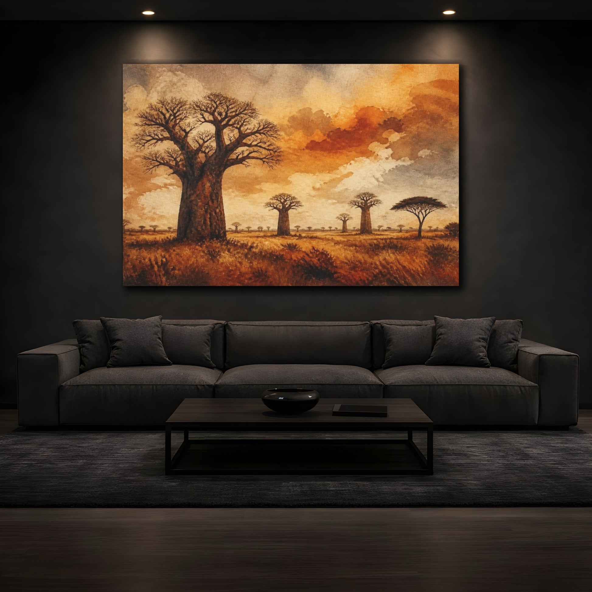 Mockup 3. Baobab Landscape At Dusk shown as canvas print