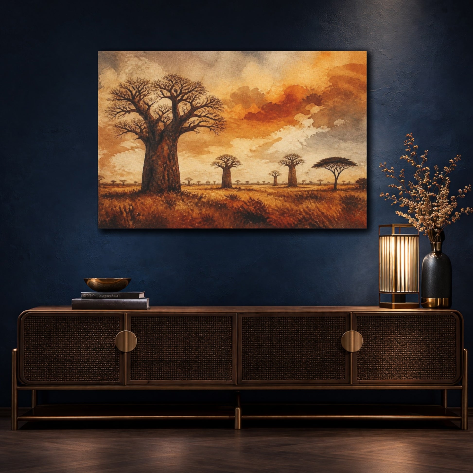 Mockup 4. Baobab Landscape At Dusk shown as canvas print