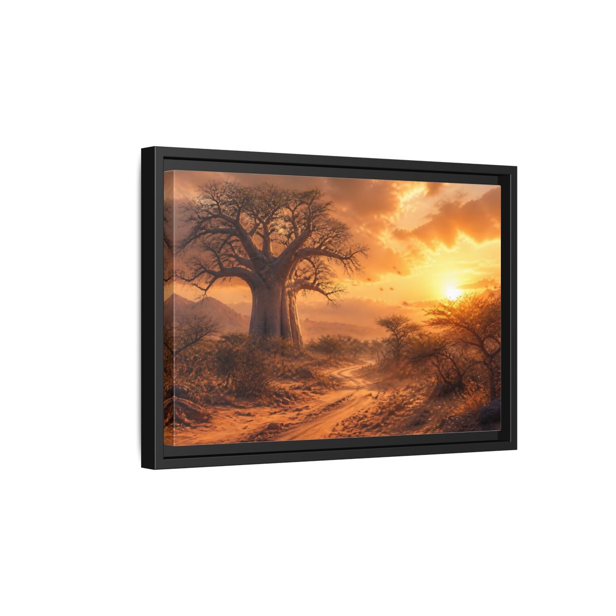 Side Mockup 6. Baobab Landscape Sunset shown as framed canvas print