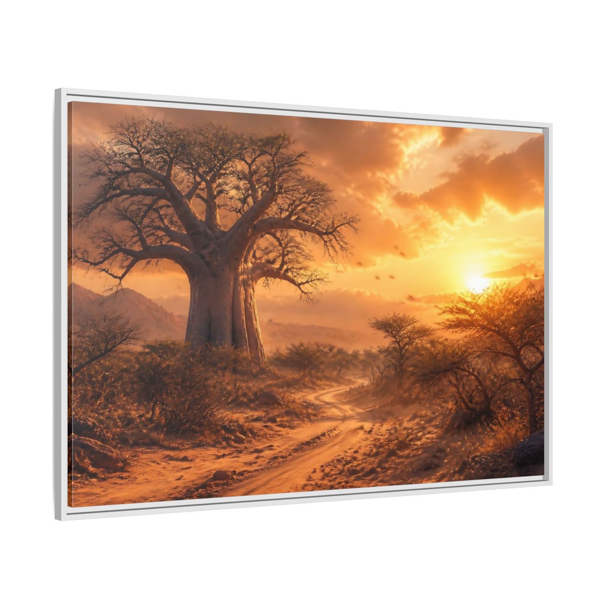 Side Mockup 7. Baobab Landscape Sunset shown as framed canvas print