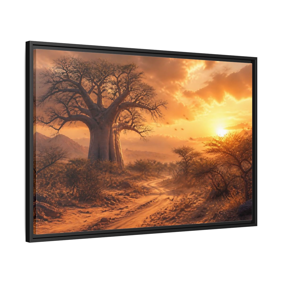 Side Mockup 13. Baobab Landscape Sunset shown as framed canvas print