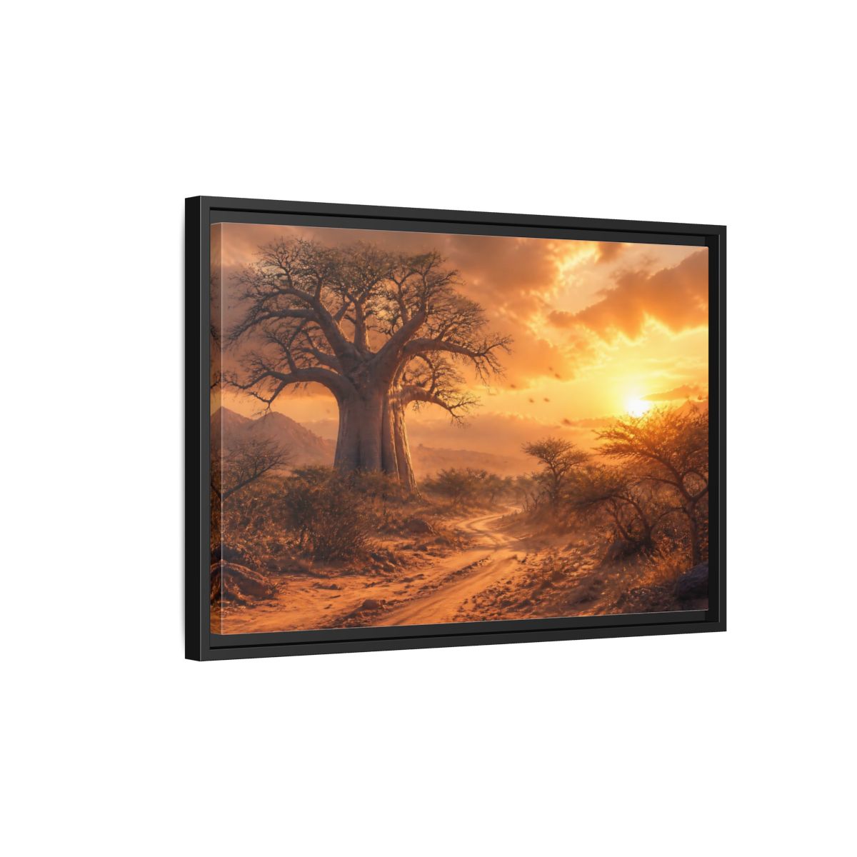 Side Mockup 3. Baobab Landscape Sunset shown as framed canvas print