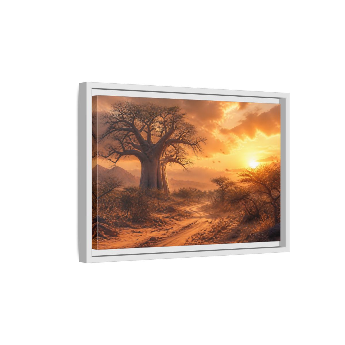 Side Mockup 4. Baobab Landscape Sunset shown as framed canvas print