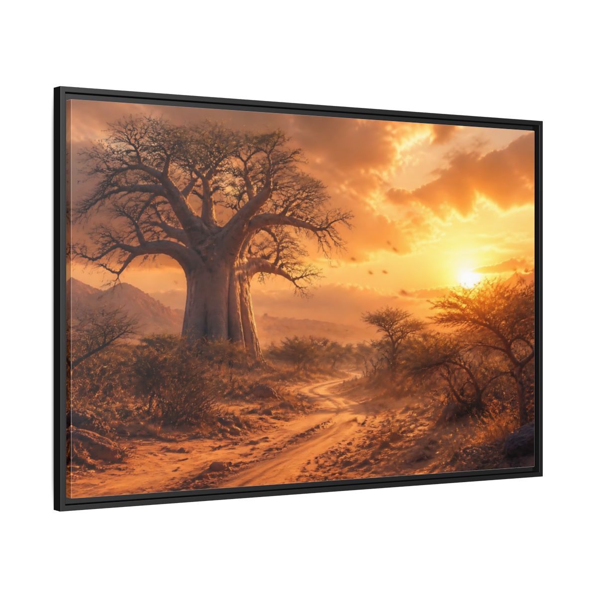 Side Mockup 12. Baobab Landscape Sunset shown as framed canvas print