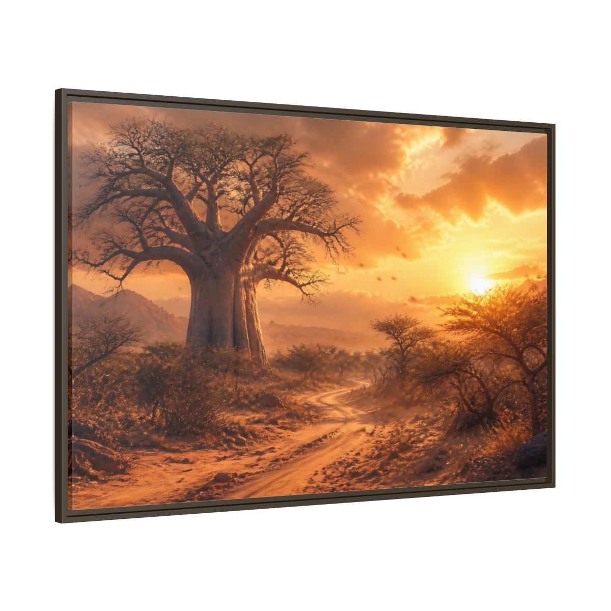 Side Mockup 8. Baobab Landscape Sunset shown as framed canvas print