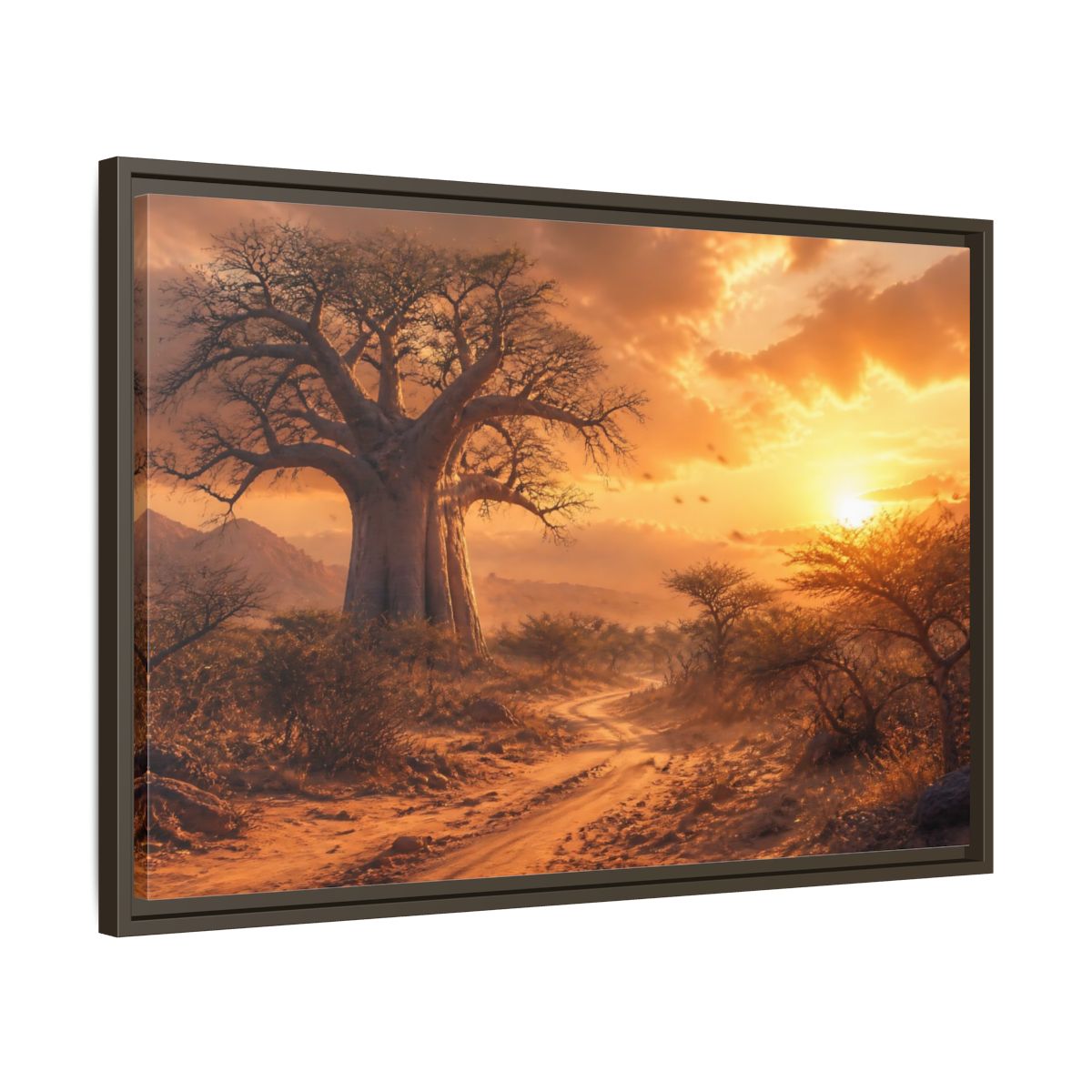 Side Mockup 11. Baobab Landscape Sunset shown as framed canvas print