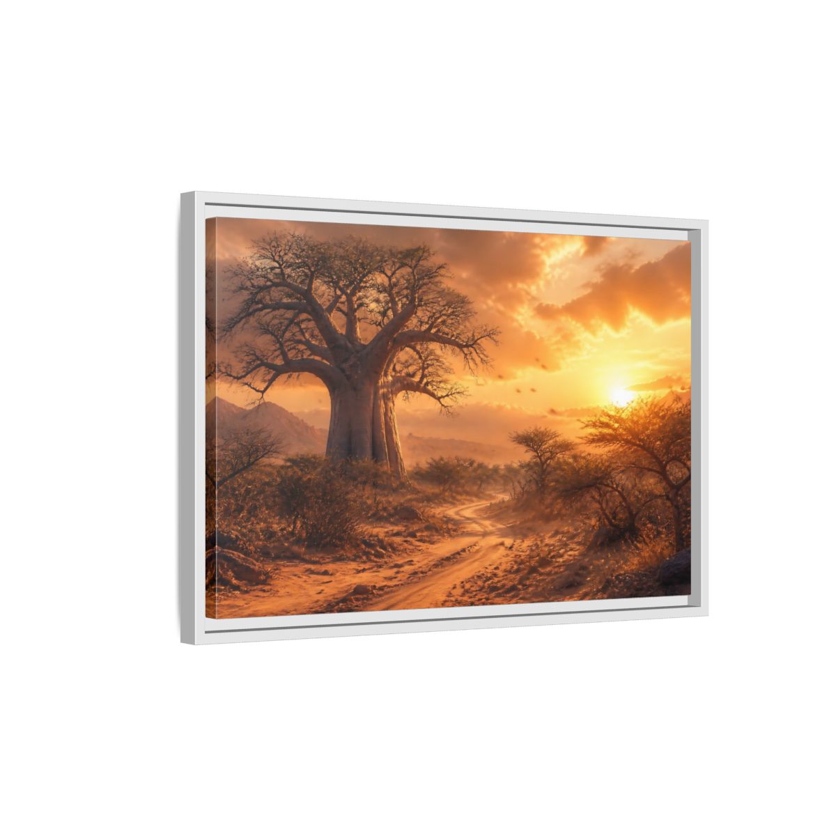 Side Mockup 1. Baobab Landscape Sunset shown as framed canvas print