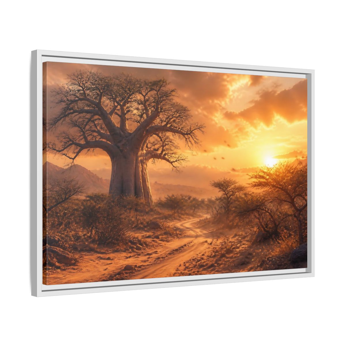 Side Mockup 10. Baobab Landscape Sunset shown as framed canvas print