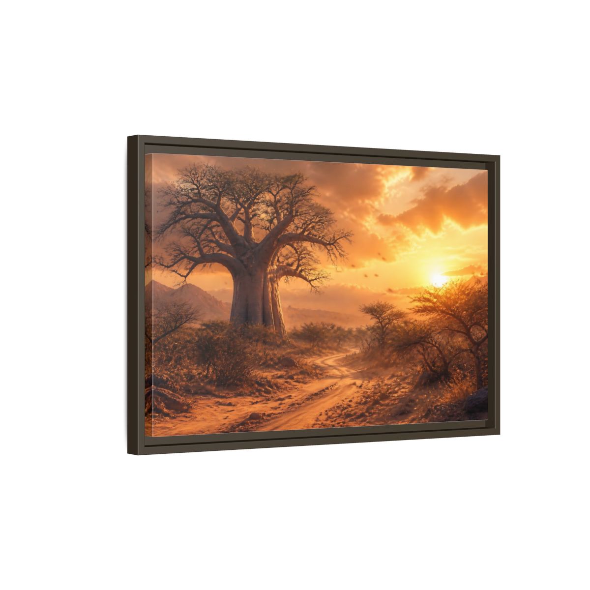 Side Mockup 2. Baobab Landscape Sunset shown as framed canvas print