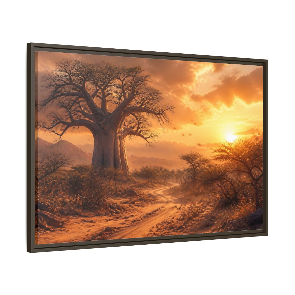 Main Mockup. Baobab Landscape Sunset shown as framed canvas print