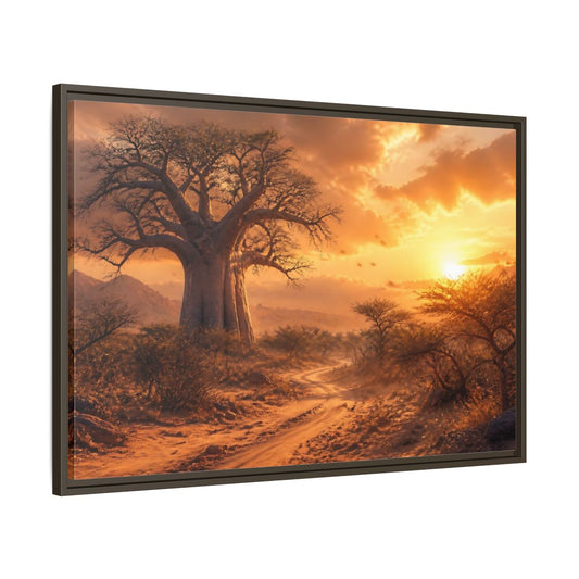Main Mockup. Baobab Landscape Sunset shown as framed canvas print
