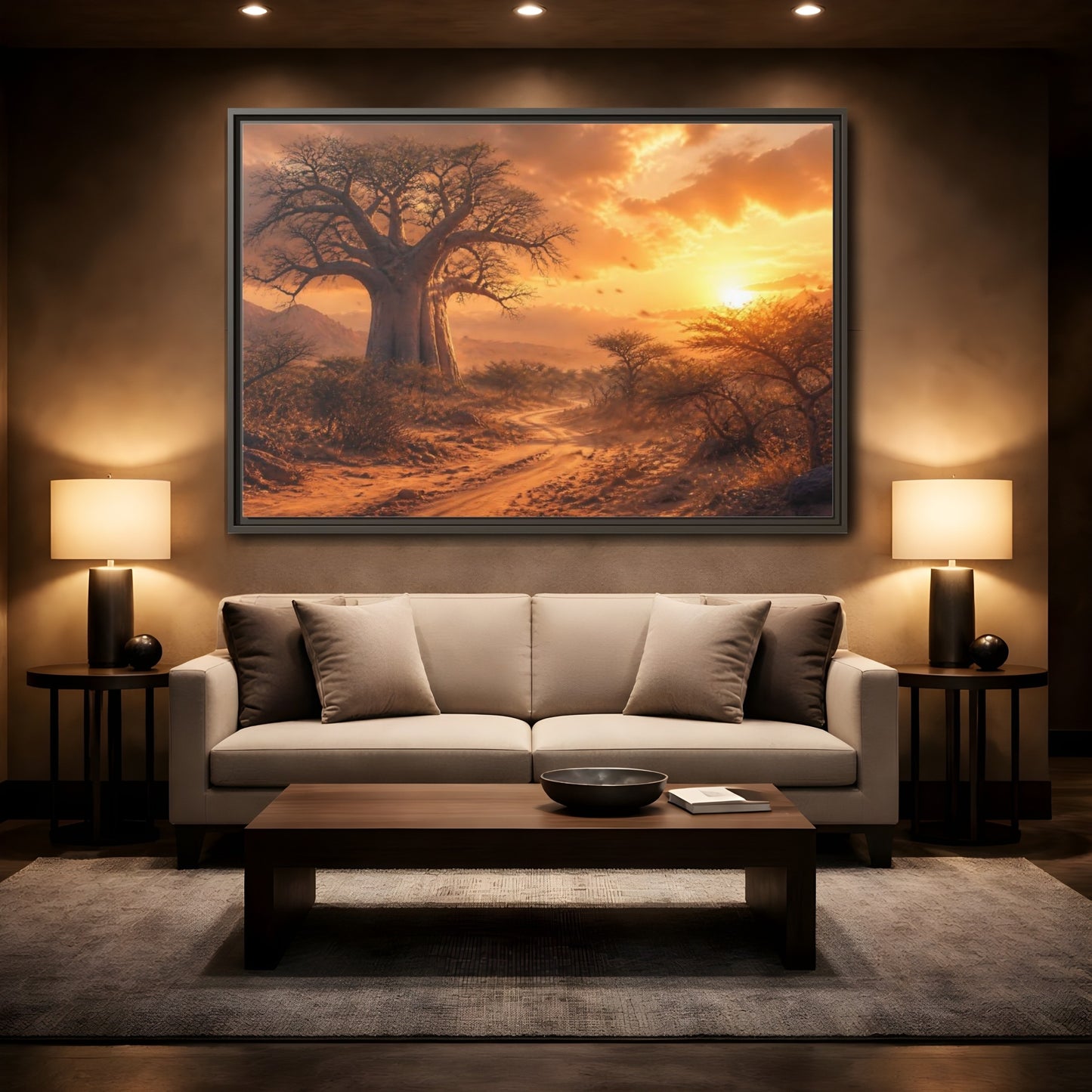 Mockup 2. Baobab Landscape Sunset shown as framed canvas print