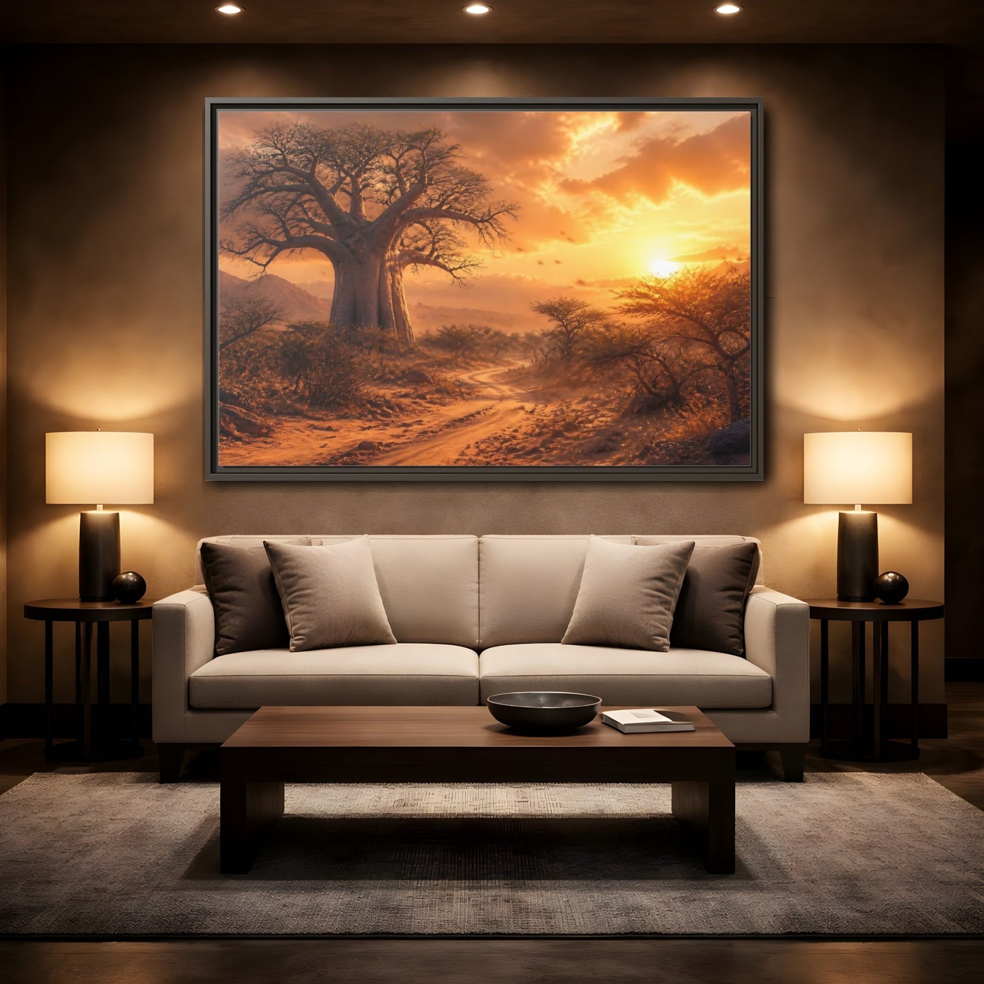 Mockup 2. Baobab Landscape Sunset shown as framed canvas print