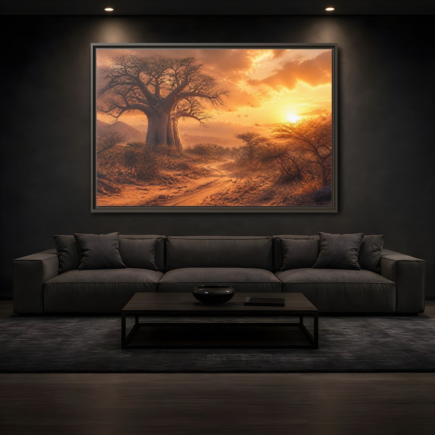 Mockup 3. Baobab Landscape Sunset shown as framed canvas print