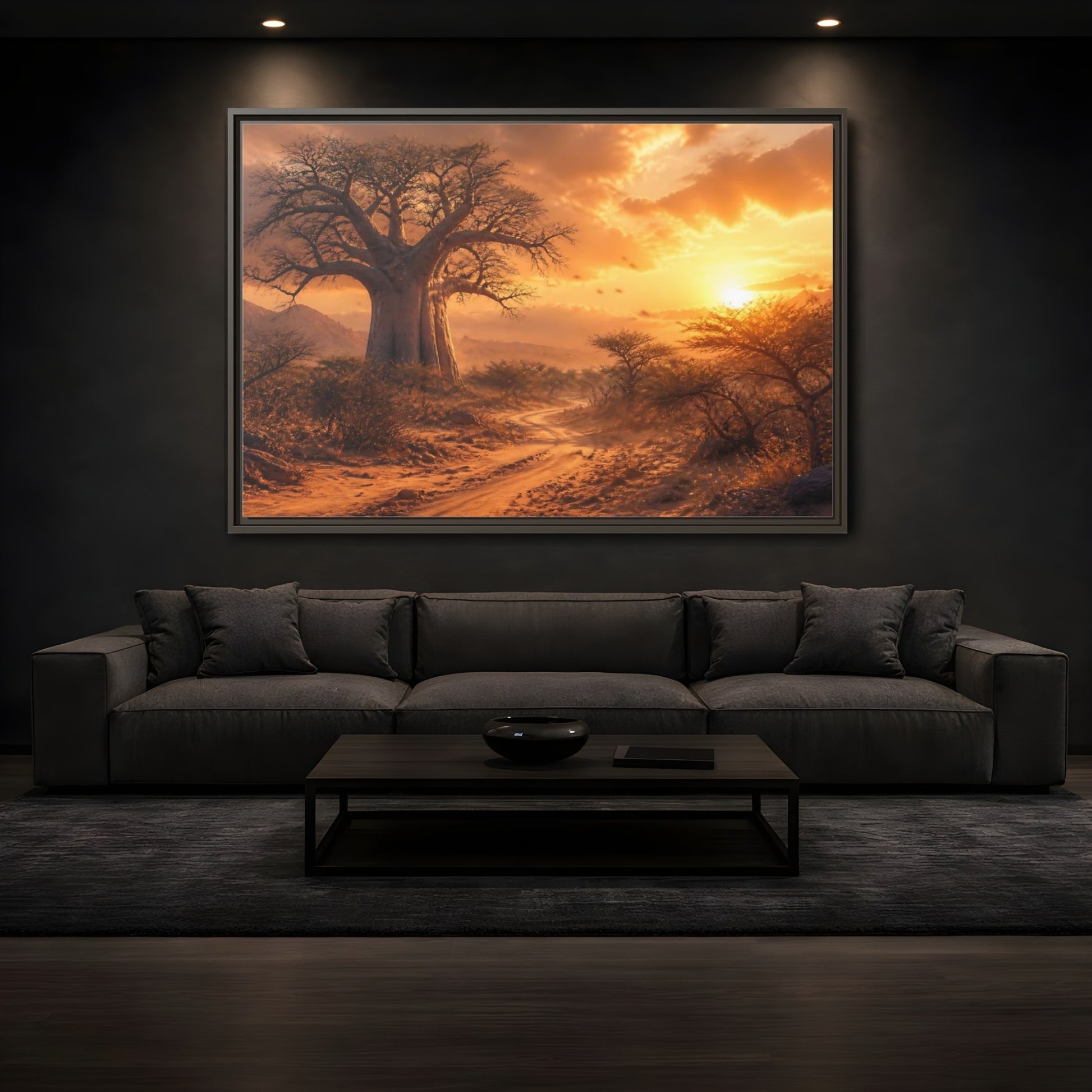 Mockup 3. Baobab Landscape Sunset shown as framed canvas print