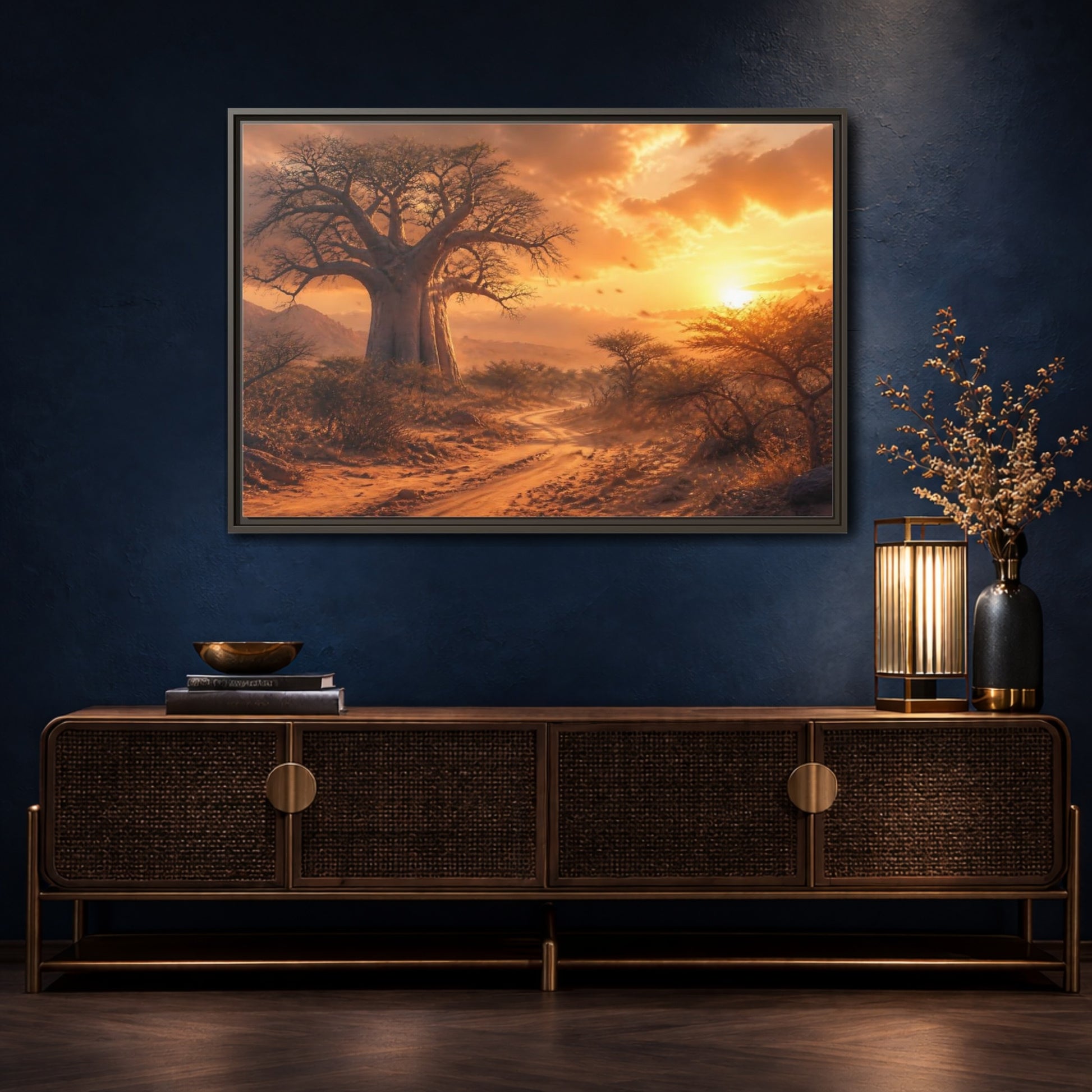 Mockup 4. Baobab Landscape Sunset shown as framed canvas print