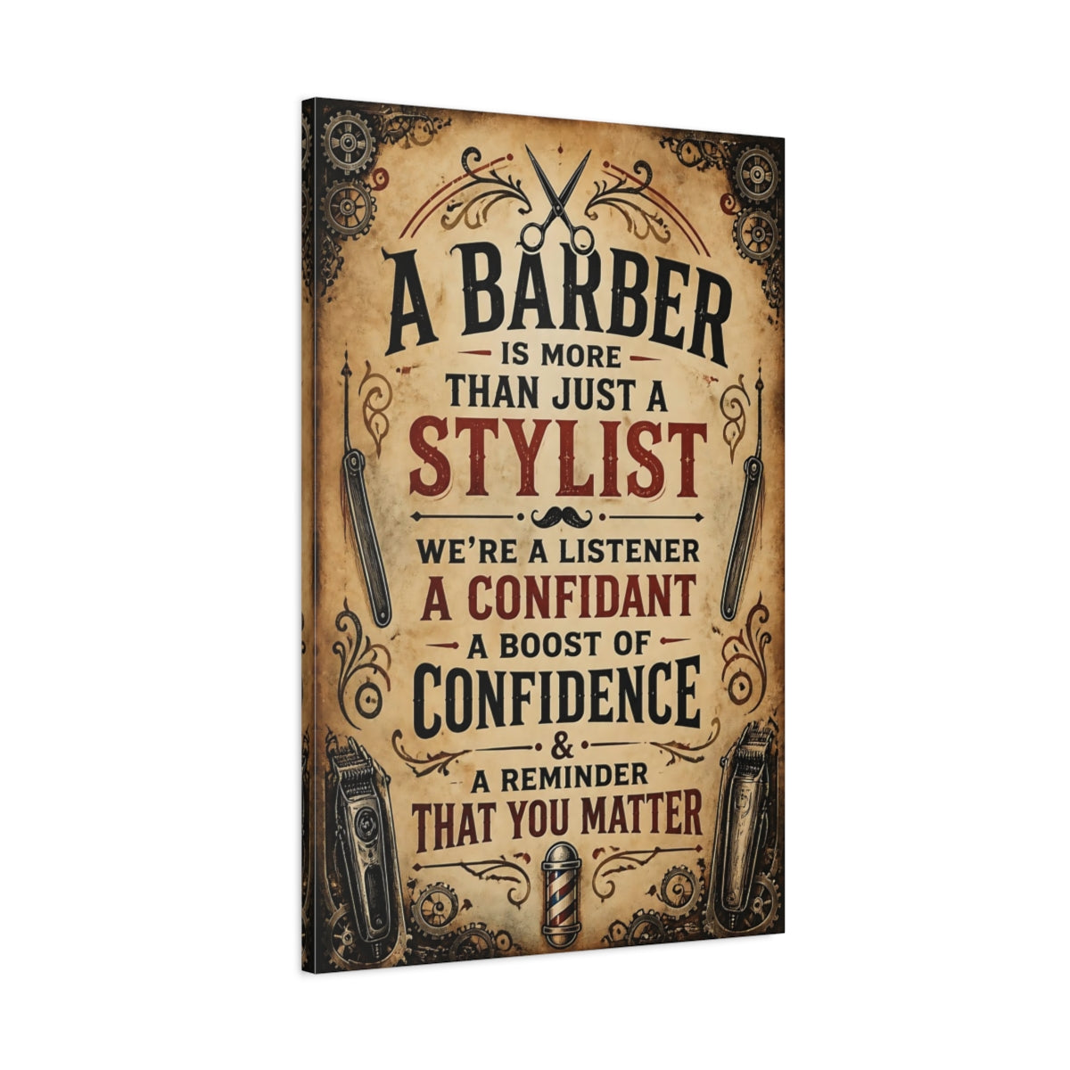 Main Mockup. Barber Quote Sign shown as canvas print