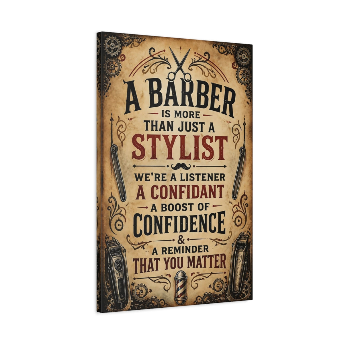Side Mockup 2. Barber Quote Sign shown as canvas print