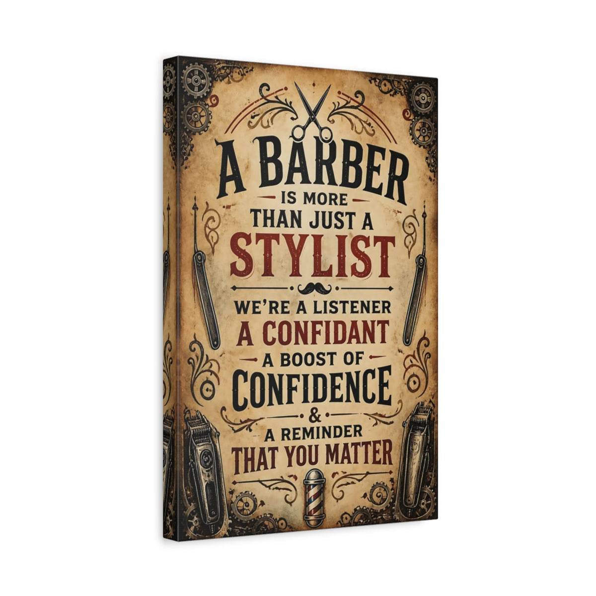 Side Mockup 4. Barber Quote Sign shown as canvas print