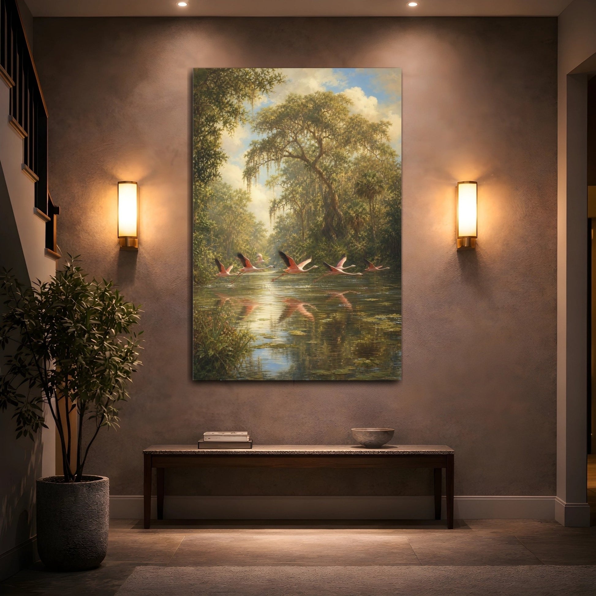 Barbizon Inspired Forest Painting Flamingos Lifting Canvas Wall Art Print – Realistic Living Room, Above Fireplace - YesArtYes