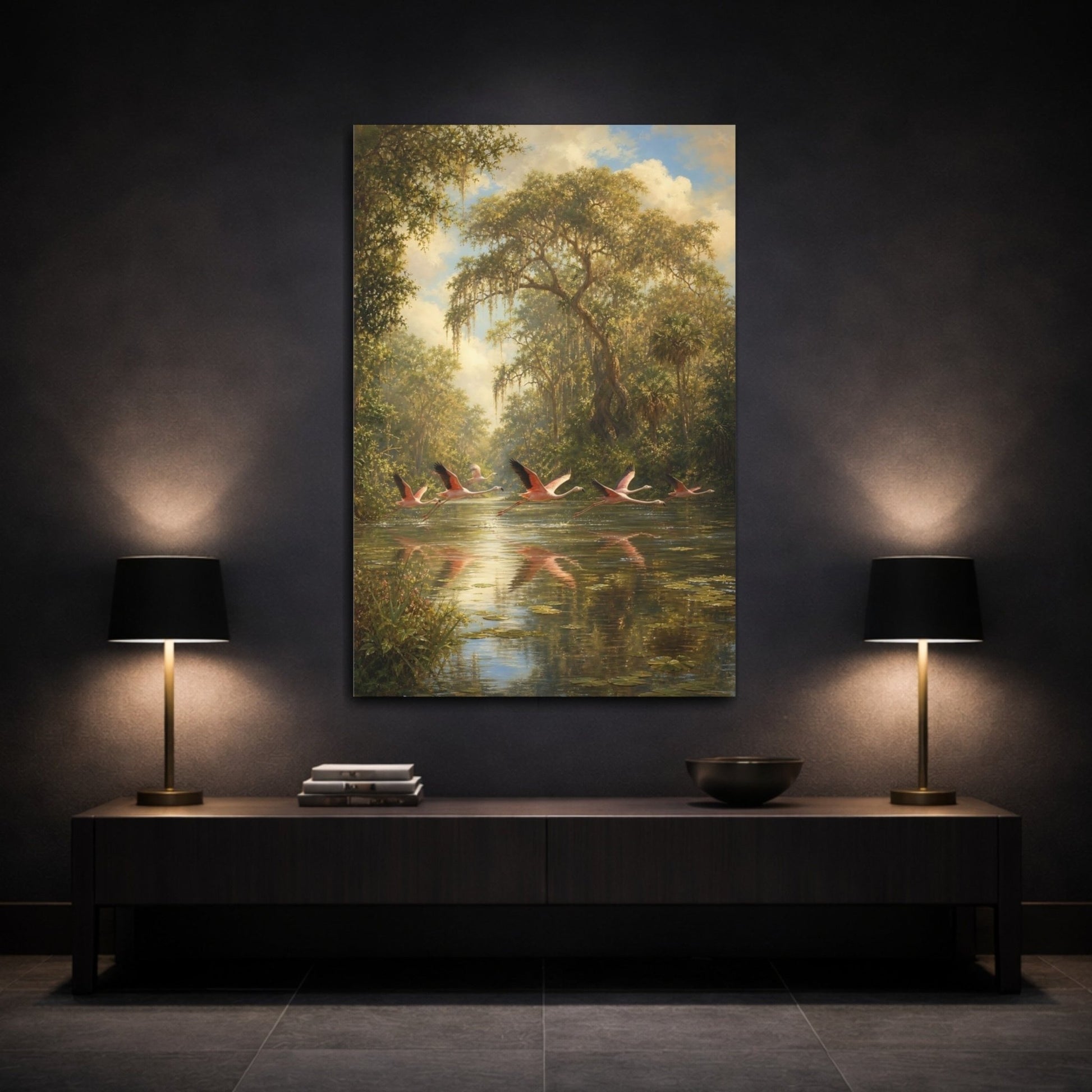 Barbizon Inspired Forest Painting Flamingos Lifting Canvas Wall Art Print – Realistic Living Room, Above Fireplace - YesArtYes
